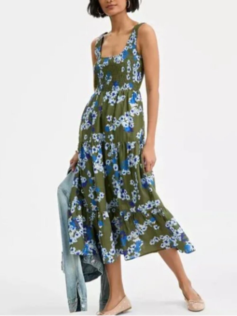 ON 34TH Women's Printed Smocked Tiered Tank Dress Women's Size L Green Floral